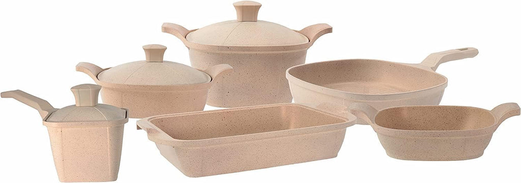 (Matrix) Luxury Cast Aluminum 11-Piece Cookware Set – Pans, Pots, Saucepan, Saucier, Baking Tray & Silicone Handles – Premium Nonstick, All Stovetops Compatible (Induction) – Cream