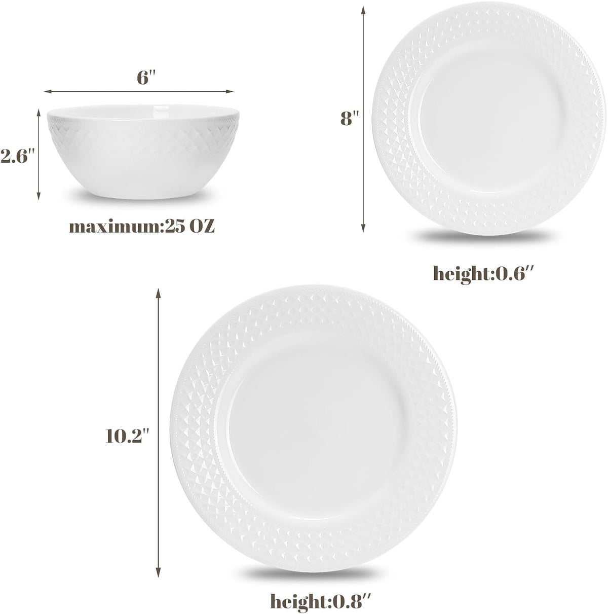 18-Piece Bone China Dinnerware Set for 6, White Porcelain Plates and Bowls with Textured Design, Lightweight Microwave Dishwasher Safe for Family Dining