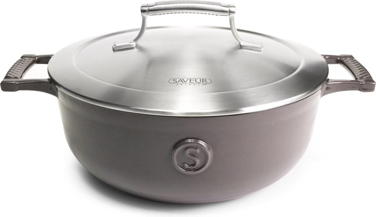 SAVEUR SELECTS Enameled Cast Iron 3-1/2-Quart Saucier with Stainless Steel Lid, Rabbit Grey, Voyage Series