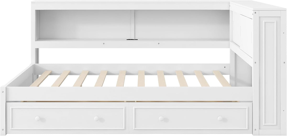 SOFTSEA Full Size Corner Bed with Drawers & Bookcase, L-Shaped Daybed with LED Lights & USB Ports, Wood Reversible Day Bed Frame with Storage Headboard for Kids Teens Bedroom, White