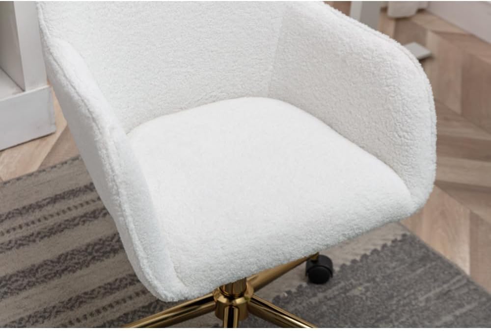 Plush Teddy Fabric Ergonomic Office Chair with Adjustable Height, 360-Degree Swivel Base, and Smooth-Rolling Casters for Home or Workspace (White Teddy + Wool + Foam)