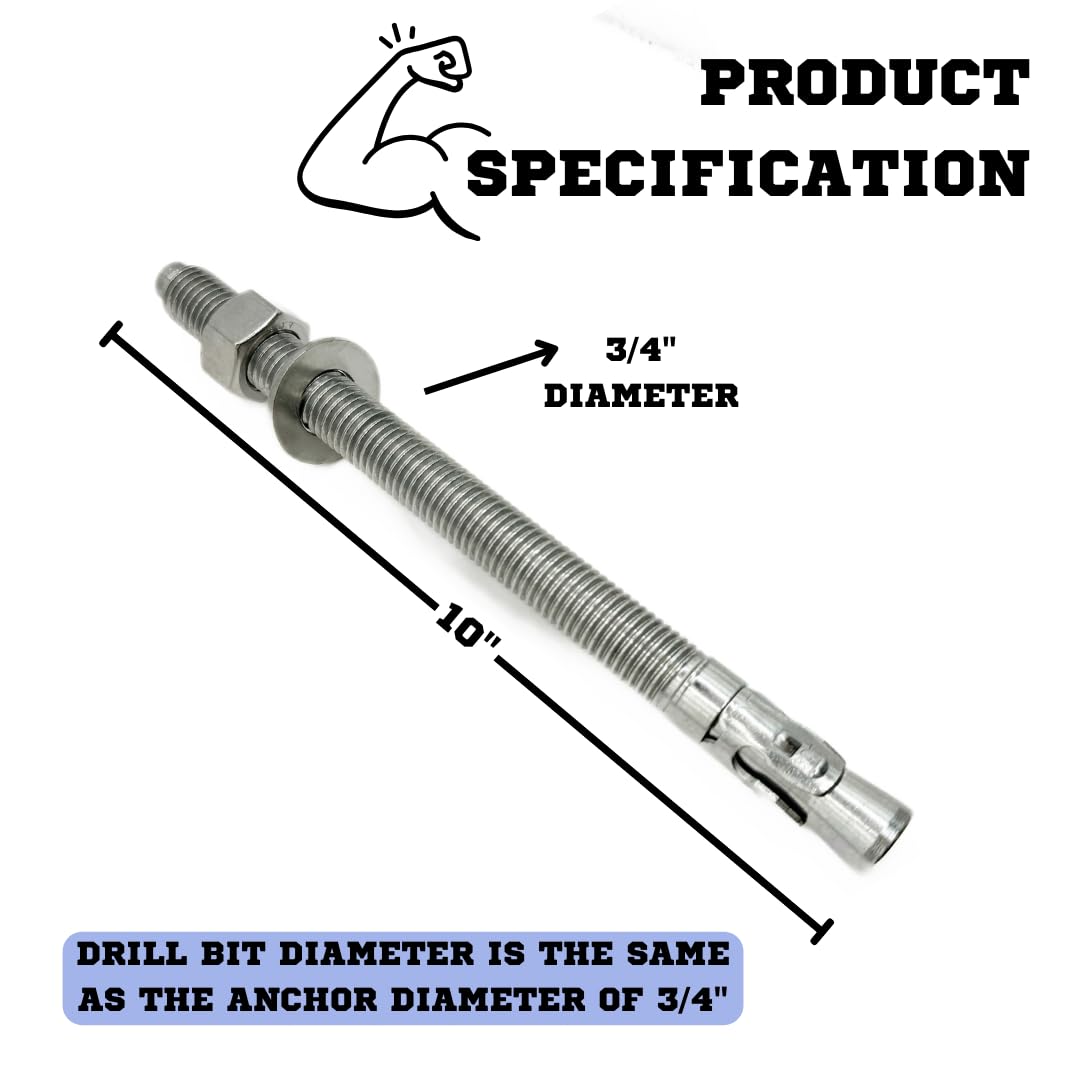 Mighty Fasteners Wedge Anchors – Heavy-Duty 304 Stainless Steel Expansion Bolts for Concrete & Masonry, Rust-Resistant & Durable - 3/4' X 10' - 10 Pack