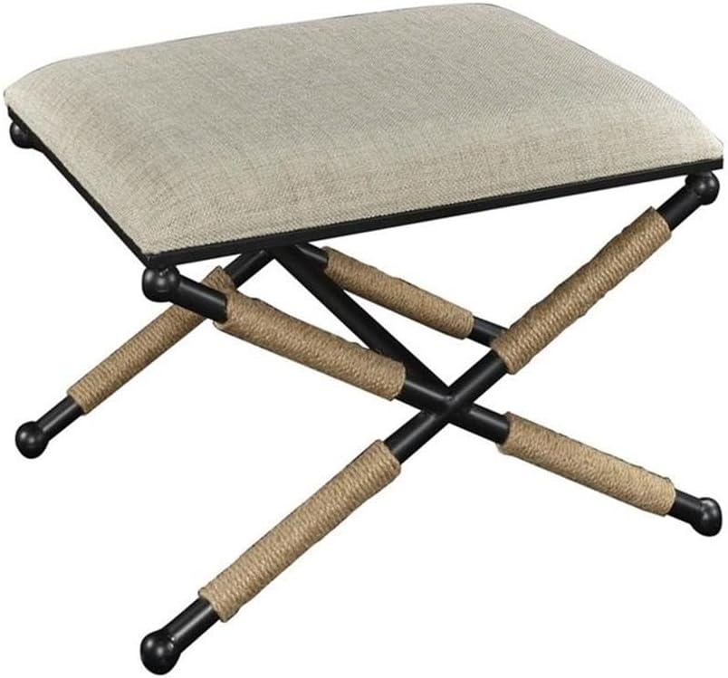 Riverbay Furniture Accent Stool, 24'x18'x18' Upholstered Seat, Neutral Fabric, Black Metal X-Design Legs with Rope Details, Transitional Style Seating for Vanity, Bedroom, or Hall