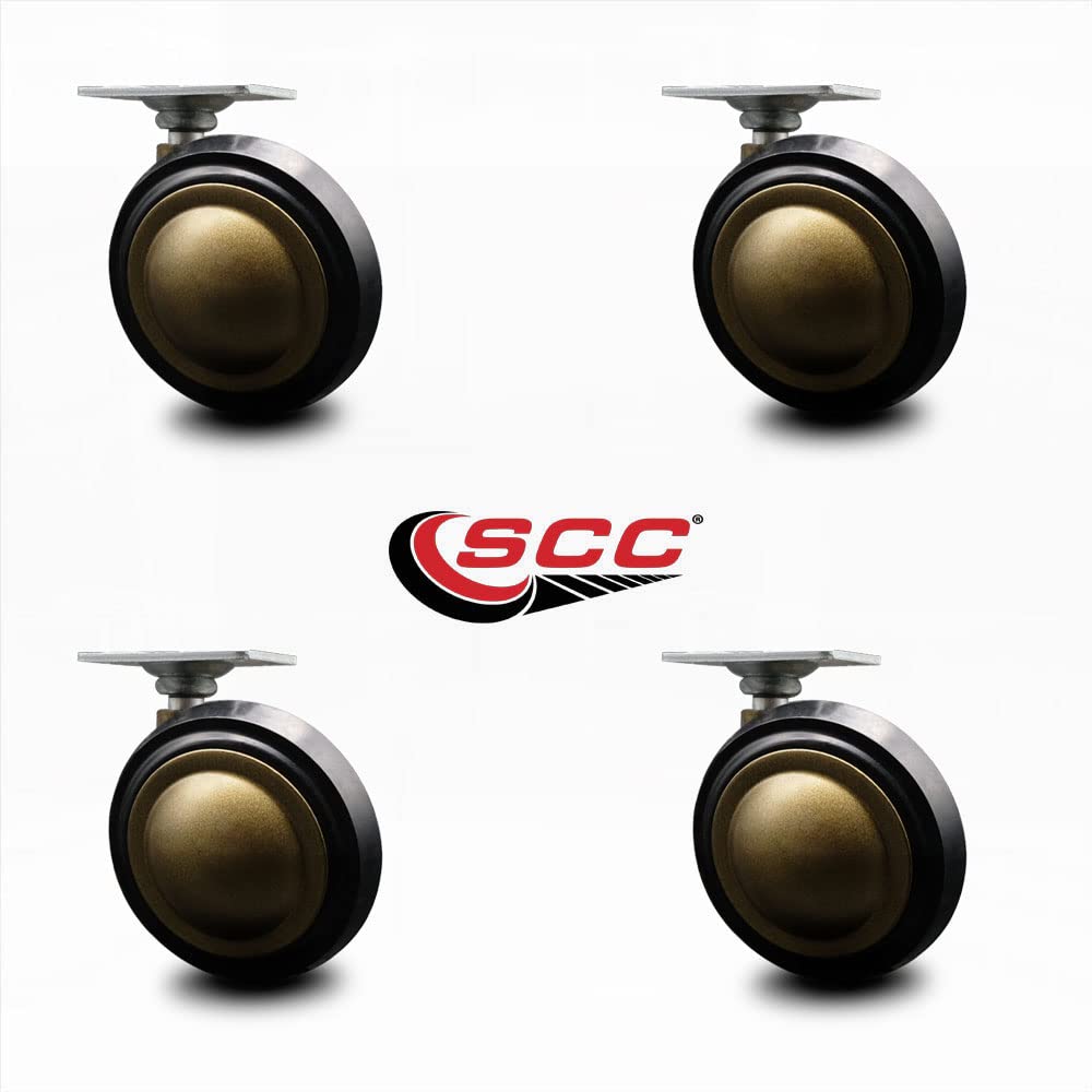 3 Inch Swivel Metal with Soft Rubber Tread Ball Caster Wheels for Furniture - Windsor Anique Brass Finish Casters with 1-1/2 Inch by 1-1/2 Inch Top Plate - Set of 4 - Service Caster Brand