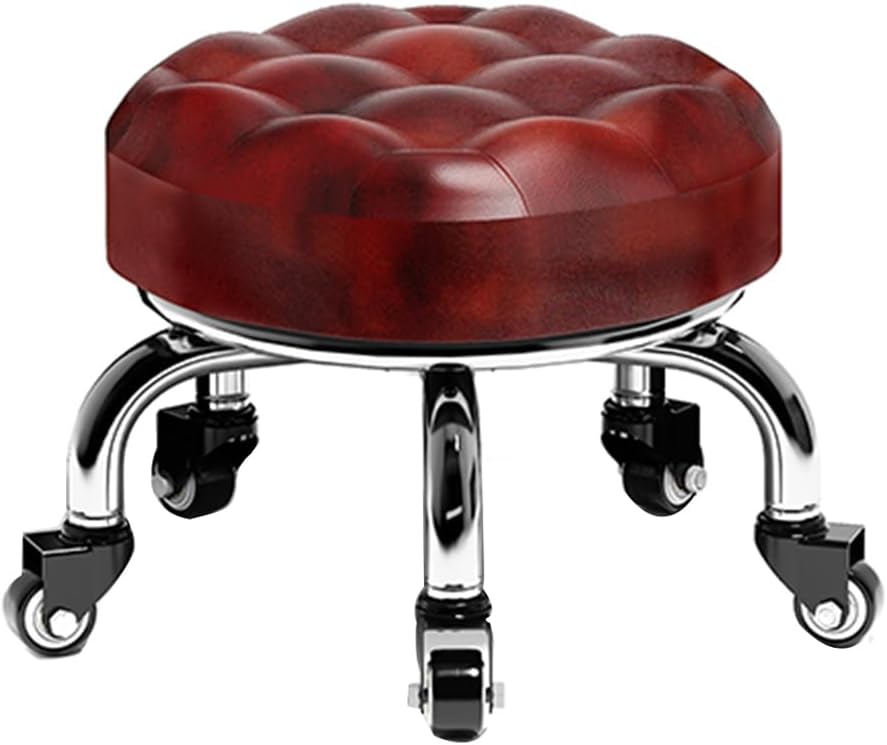 Heavy-Duty Low Roller Stool with 360° Swivel Wheels, Ottoman Footstool, Low-Height Short Rolling Stool Seat, PU Leather Small Mechanic Chair, Rolling Stools for Garage, Shop, Library red