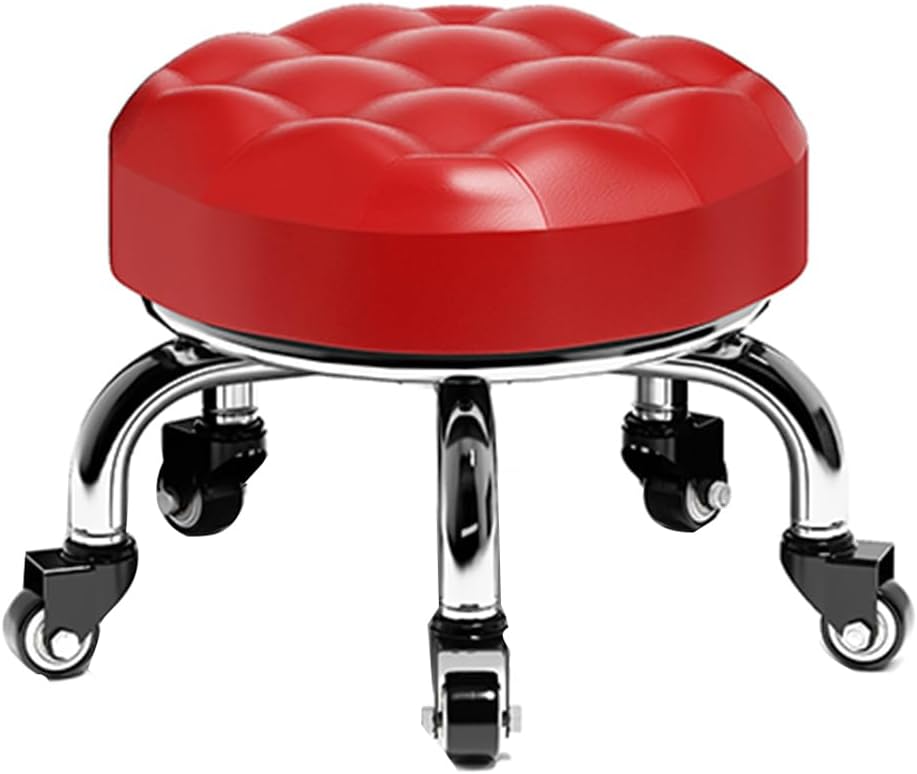 Heavy-Duty Low Roller Stool with 360° Swivel Wheels, Ottoman Footstool, Low-Height Short Rolling Stool Seat, PU Leather Small Mechanic Chair, Rolling Stools for Garage, Shop, Library red1