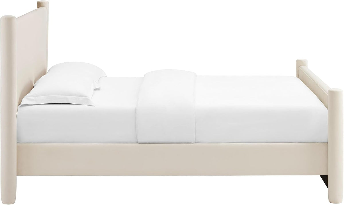 Modway Rael King Platform Bed Frame with Upholstered Headboard and Footboard in Alabaster – Stain-Resistant Performance Velvet King Size Bed with Rounded Posts
