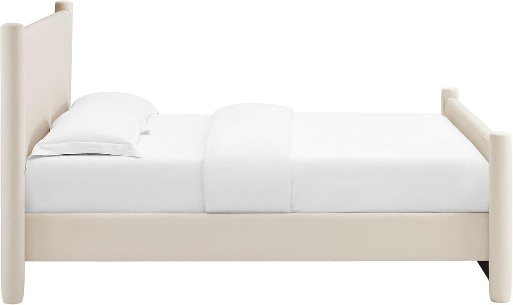 Modway Rael Queen Platform Bed Frame with Upholstered Headboard and Footboard in Alabaster – Stain-Resistant Performance Velvet Queen Size Bed with Rounded Posts