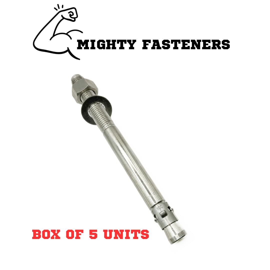 Mighty Fasteners Wedge Anchors – Heavy-Duty 304 Stainless Steel Expansion Bolts for Concrete & Masonry, Rust-Resistant & Durable - 1' X 12' - 5 Pack