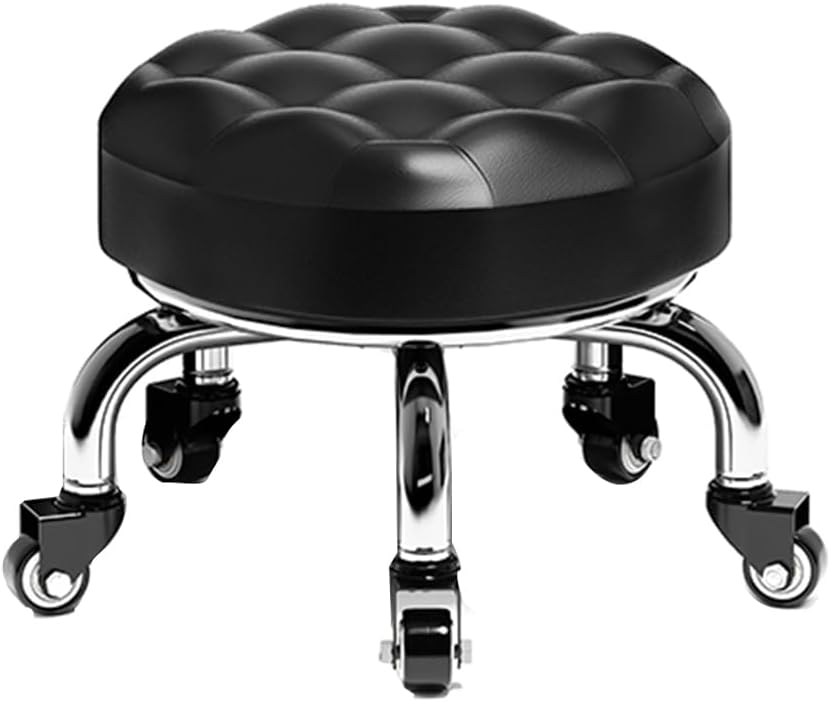 Heavy-Duty Low Roller Stool with 360° Swivel Wheels, Ottoman Footstool, Low-Height Short Rolling Stool Seat, PU Leather Small Mechanic Chair, Rolling Stools for Garage, Shop, Library Black