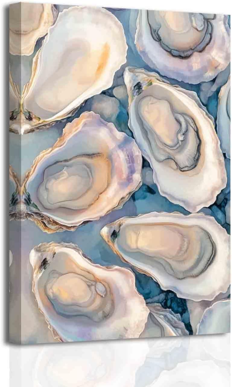 BJYCHG Oyster Wall Art Kitchen Pictures Oyster Shell Watercolor Canvas Prints Coastal Beach Aesthetic Poster Paintings Blue and Grey Bathroom Dining Room Decor Framed (42L x 28W)