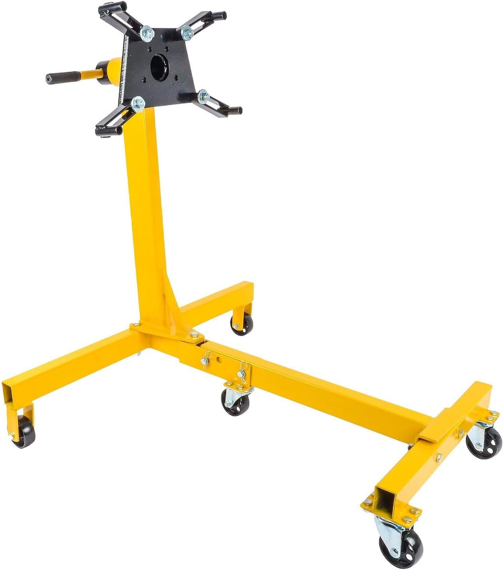 JEGS Folding Engine Stand | Yellow Finish | 1250 LBS Capacity | 360 Degree Adjustable Mounting Head | 5 Ball-Bearing Swivel Caster Wheels | Heavy-Duty Square Steel Frame