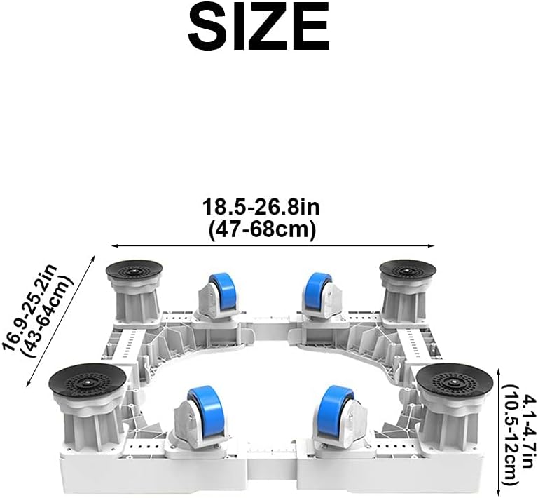 Universal Mobile Base Fridge Stand 4×2 Locking Rubber Swivel Wheels Appliance Roller Base Adjustable Washer Trolley 47-68cm Dryer Roller Floor Trays Cookers Dishwasher Rack (White) Base