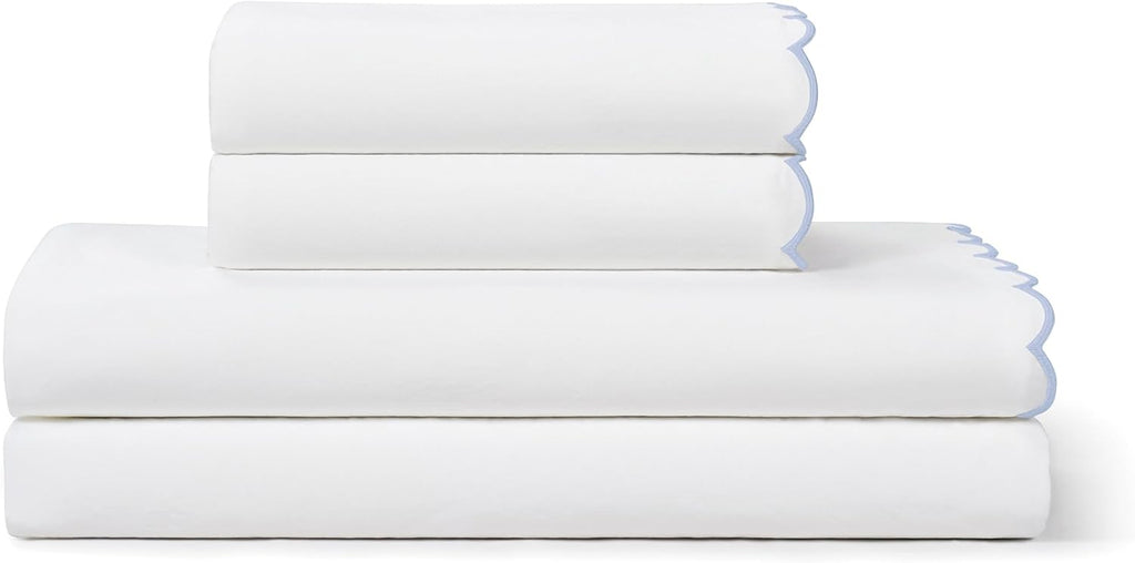 Peri Home Queen Size Sheet Set, 4 Piece Bed Sheets, Breathable Soft 300 TC 100% Cotton with Embroidered Scalloped Edge, 1 Flat Sheet, 1 Fitted, 2 Pillowcases, Queen, White with Blue Scallop