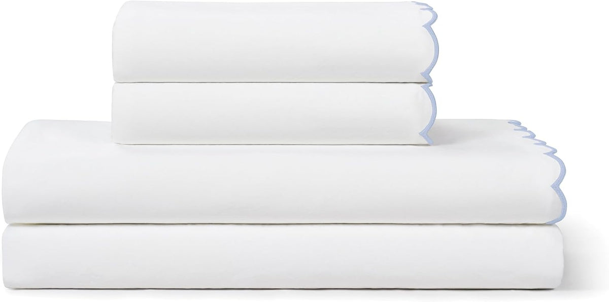 Peri Home Queen Size Sheet Set, 4 Piece Bed Sheets, Breathable Soft 300 TC 100% Cotton with Embroidered Scalloped Edge, 1 Flat Sheet, 1 Fitted, 2 Pillowcases, Queen, White with Blue Scallop