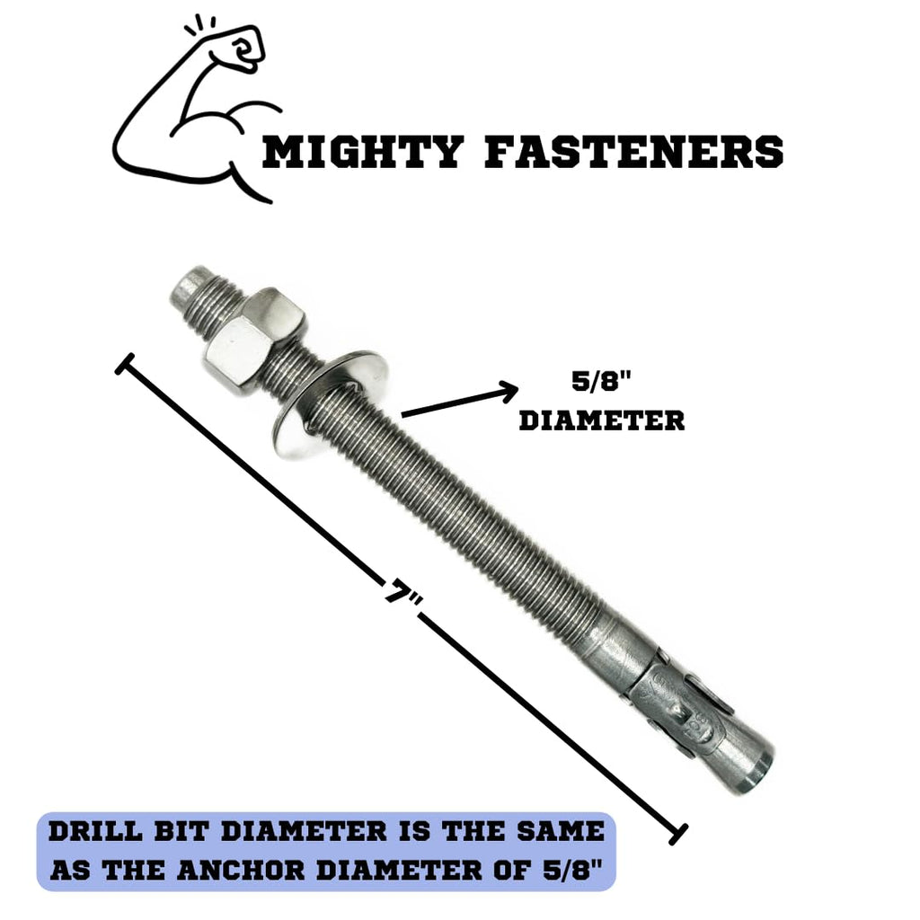 Mighty Fasteners Wedge Anchors – Heavy-Duty 304 Stainless Steel Expansion Bolts for Concrete & Masonry, Rust-Resistant & Durable - 5/8' X 7' - 50 Pack