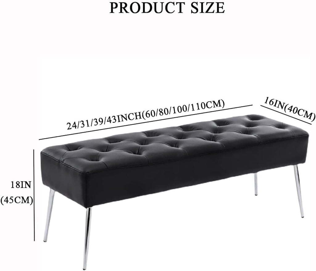 End of Bed Bench with Metal Legs,Upholstered Bedroom Bench Leather Ottoman Bench Seat,Modern Multifunction Shoe Bench Entryway Bench Dining Bench,Black-3D x 2W x 1H cm