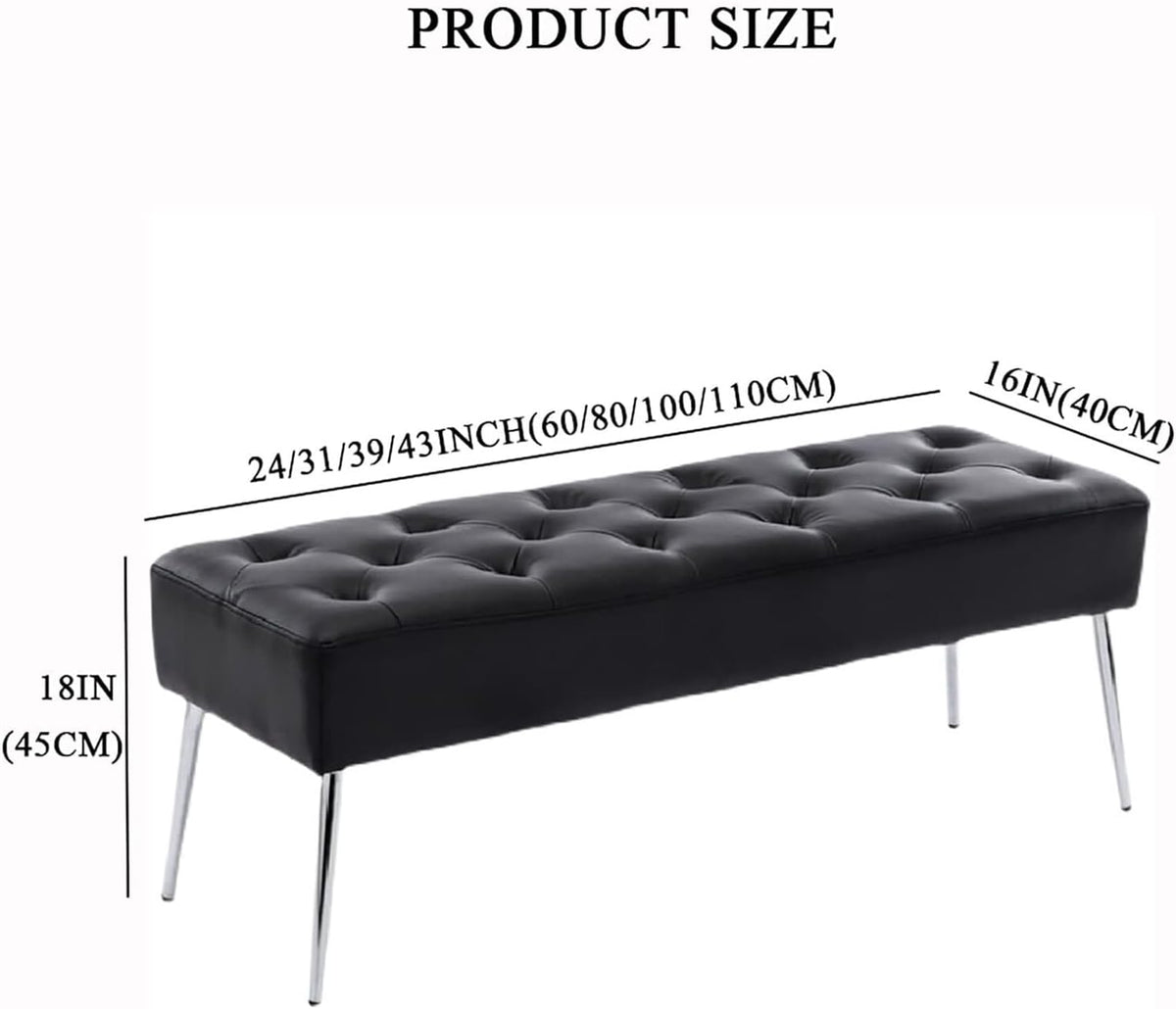 End of Bed Bench with Metal Legs,Upholstered Bedroom Bench Leather Ottoman Bench Seat,Modern Multifunction Shoe Bench Entryway Bench Dining Bench,Black-3D x 2W x 1H cm