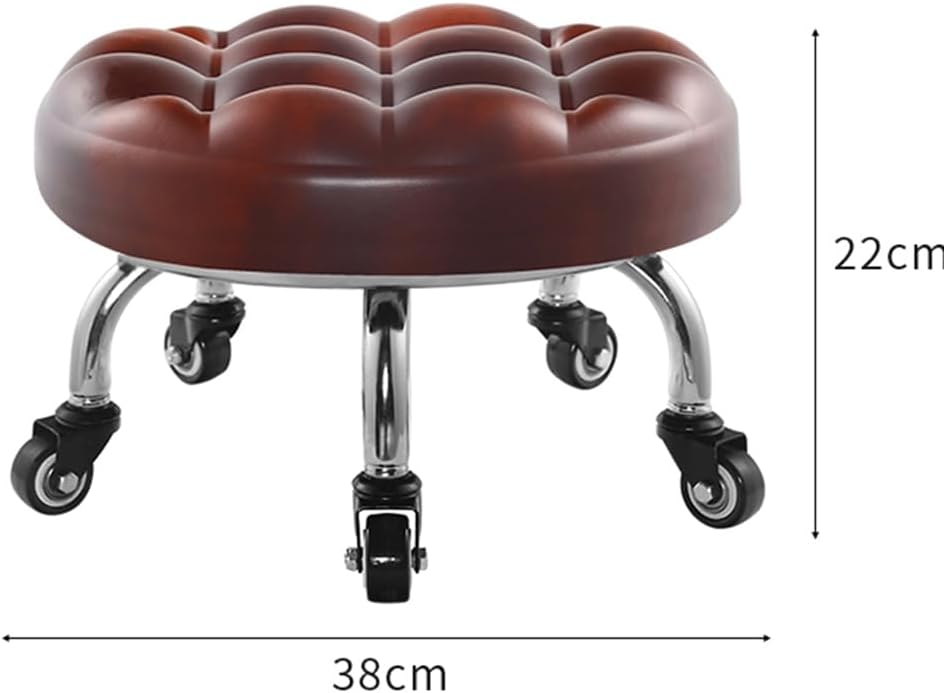 Heavy-Duty Low Roller Stool with 360° Swivel Wheels, Ottoman Footstool, Low-Height Short Rolling Stool Seat, PU Leather Small Mechanic Chair, Rolling Stools for Garage, Shop, Library Brown