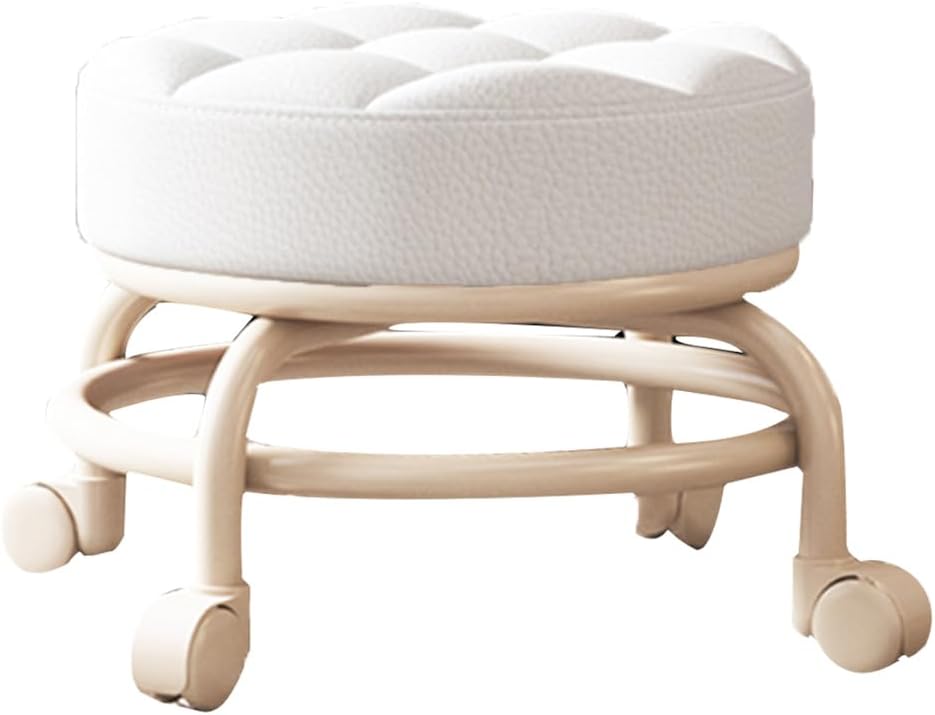 Heavy-Duty Low Roller Stool with 360° Swivel Wheels, 440-lb Load Capacity, Low-Height Short Rolling Stool Seat, PU Leather Small Mechanic Chair, Rolling Stools for Shop White