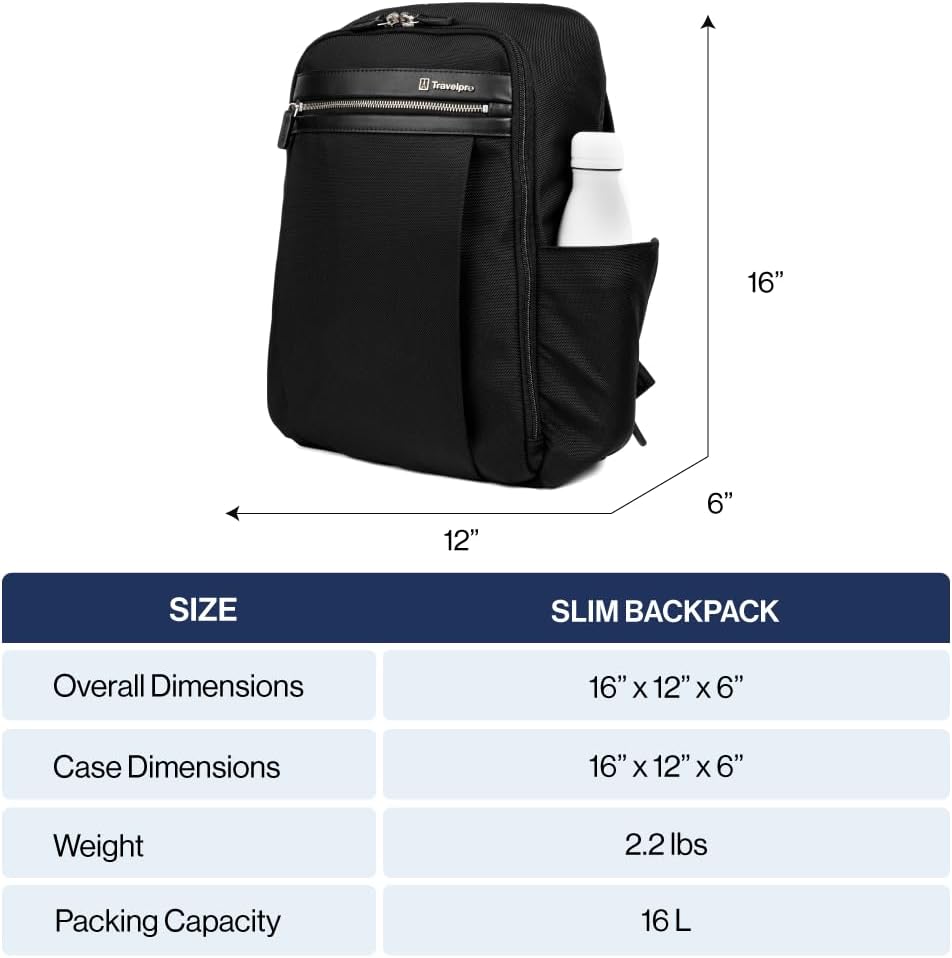 Travelpro Platinum Elite Slim Laptop Travel Backpack, Fits up to 16 Inch Laptop, Business, Water Resistant, Men and Women, Black