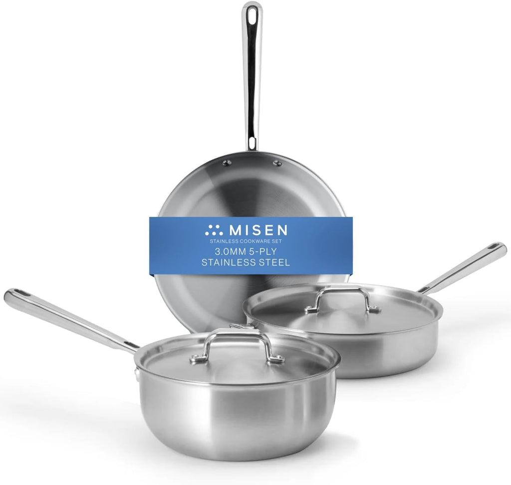 Misen 5-Ply Stainless Steel Cookware Set - Versatile, Dishwasher Safe - 5-Piece Set - 10' Skillet, 3 QT Saute Pan + Lid, 3 QT Saucier + Lid