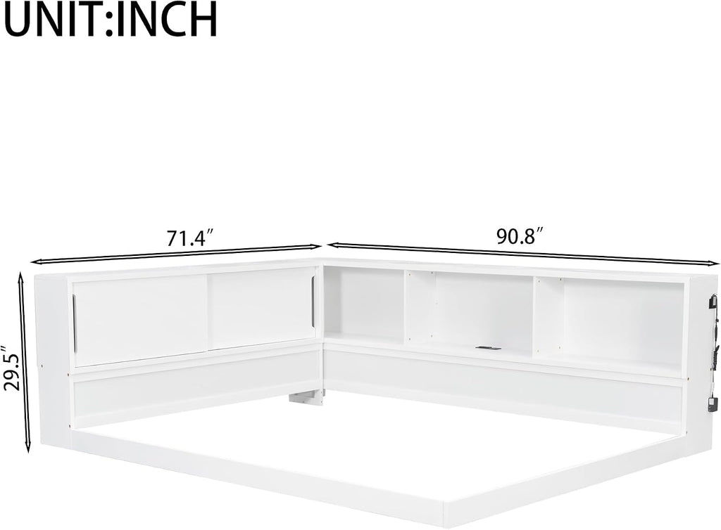 SOFTSEA Queen Size Corner Bed with Bookcase, Wood L-Shaped Floor Daybed with LED Lights & USB Ports, Floor Corner Bed Frame for Bedroom Guest Room, No Slats, White