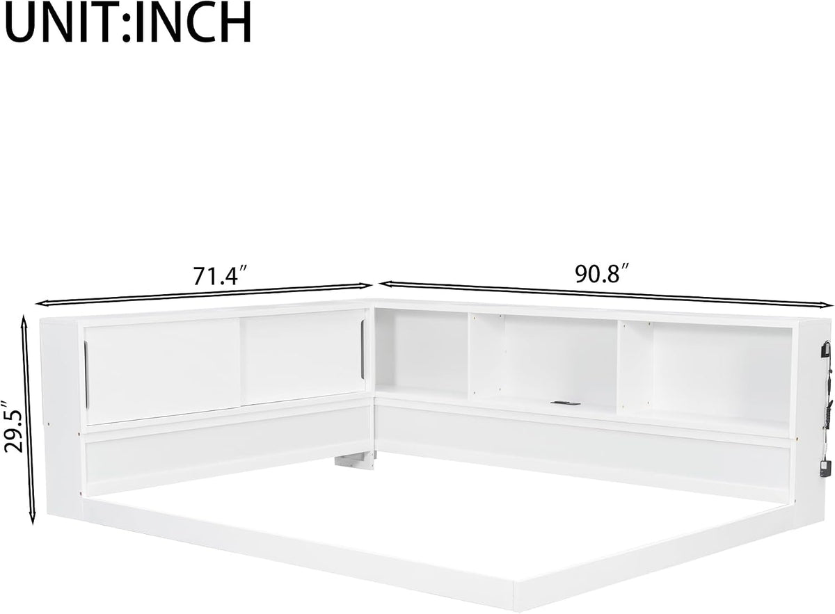 SOFTSEA Queen Size Corner Bed with Bookcase, Wood L-Shaped Floor Daybed with LED Lights & USB Ports, Floor Corner Bed Frame for Bedroom Guest Room, No Slats, White