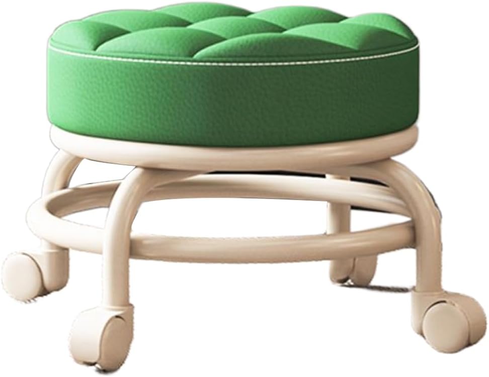 Heavy-Duty Low Roller Stool with 360° Swivel Wheels, 440-lb Load Capacity, Low-Height Short Rolling Stool Seat, PU Leather Small Mechanic Chair, Rolling Stools for Shop Green