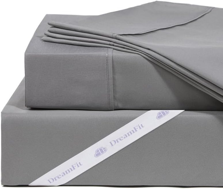 DreamFit DreamComfort 100% Natural Long Staple Cotton Sheet Set with Elastic Corner Bands with Extra Deep Pockets up to 20 Inches Luxury Bedding Crafted in USA Queen Sheet Set Gray