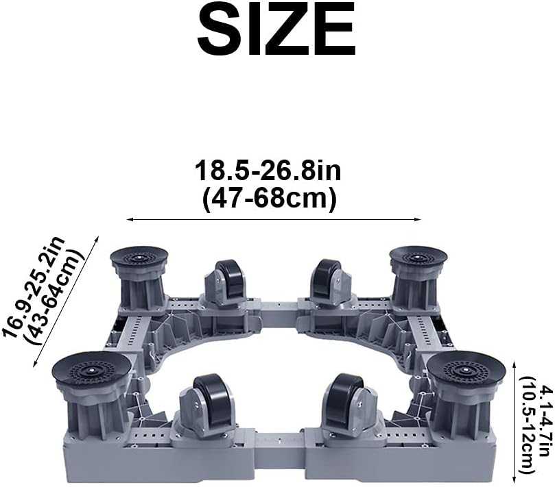 Adjustable Washing Machine Base Washing Machine Stand Base Universal Mobile Base Fridge Stand with 4 Double Wheels Adjustable Washing Machine Trolley 47-68cm Anti-Vibration Dr