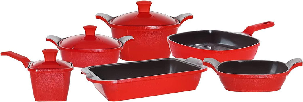 (Matrix) Luxury Cast Aluminum 11-Piece Cookware Set – Pans, Pots, Saucepan, Saucier, Baking Tray & Silicone Handles – Premium Nonstick, All Stovetops Compatible (Induction) – Ceramic Red