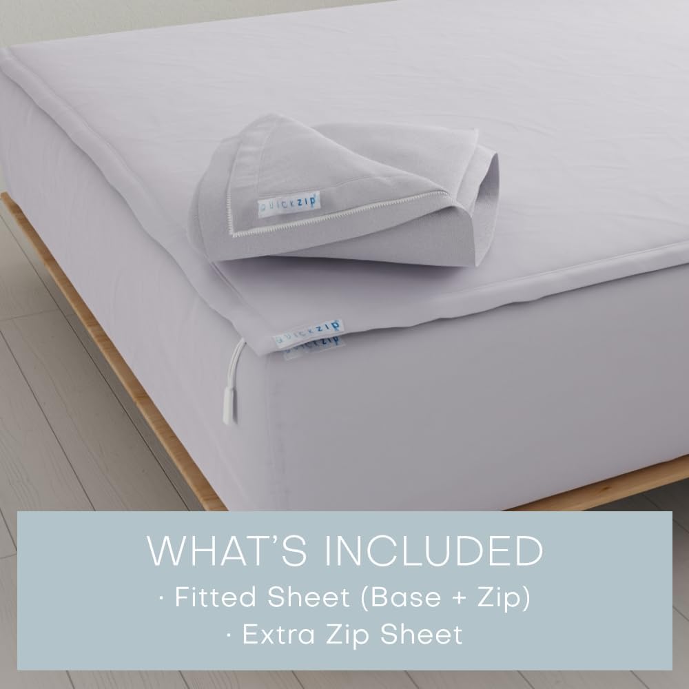 QuickZip Fitted Plus Spare Bundle: 1 Fitted & 1 Zip Sheet - Easy Change, Won't Pop Off - Soft Percale 400 TC 100% Cotton - 16' Deep Pockets Queen Size Sheets Lavender