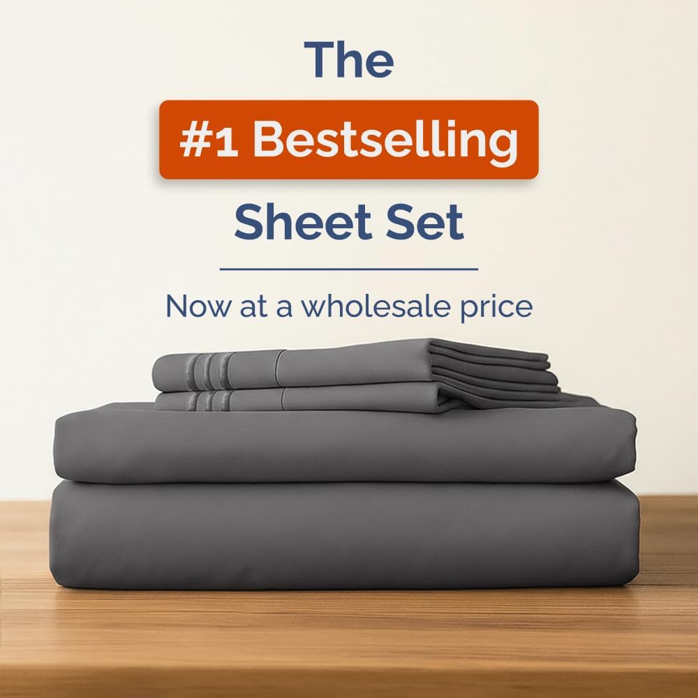 Bulk Case Pack of 12 Sheet Sets - (12) Complete Sheet Sets - Bulk Queen Bedding - Wholesale Case Pack for Hotels, Spa & Airbnbs - Deep Pocket & Wrinkle Free - Cooling & Breathable - Queen, Dark Grey
