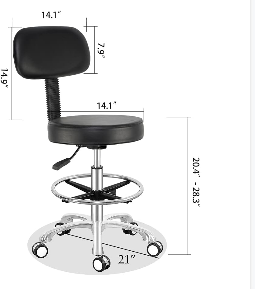 Antlu Rolling Adjustable Stool Drafting Chair for Office Shop Kitchen Medical Salon,Swivel Stool with Wheels and Back (Black, with Foot Ring)