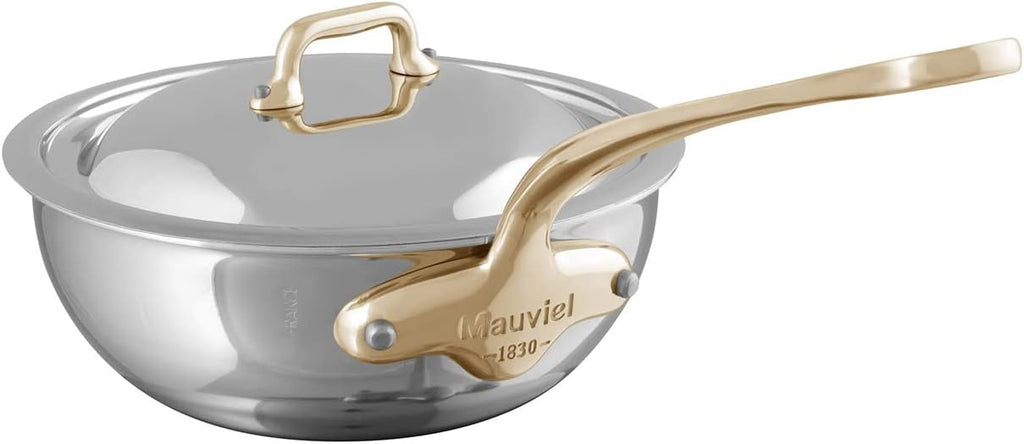 Mauviel M'Cook B 5-Ply Polished Stainless Steel Chef Pan With Lid, And Brass Handle, 1.1-qt, Made In France