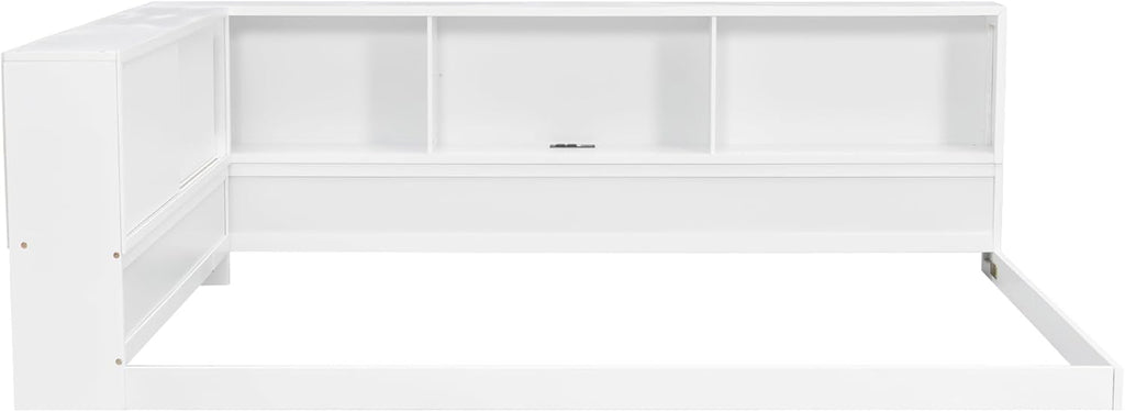 SOFTSEA Queen Size Corner Bed with Bookcase, Wood L-Shaped Floor Daybed with LED Lights & USB Ports, Floor Corner Bed Frame for Bedroom Guest Room, No Slats, White