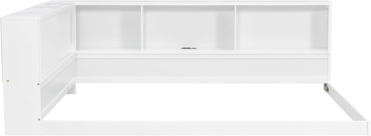 SOFTSEA Queen Size Corner Bed with Bookcase, Wood L-Shaped Floor Daybed with LED Lights & USB Ports, Floor Corner Bed Frame for Bedroom Guest Room, No Slats, White