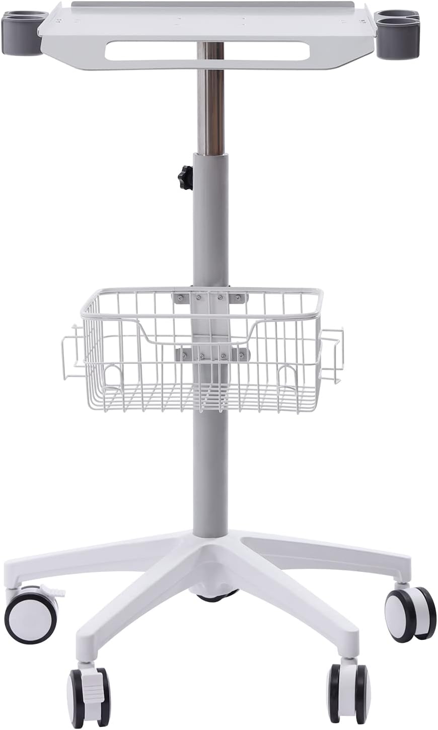 Mobile Trolley Cart Medical Cart, 33.46'-43.71' Height Adjustable Metal Mobile Trolley with 5 Universal Wheels, Large Tabletop Salon Rolling Cart for Lab, SPAs, Beauty Salons(White)