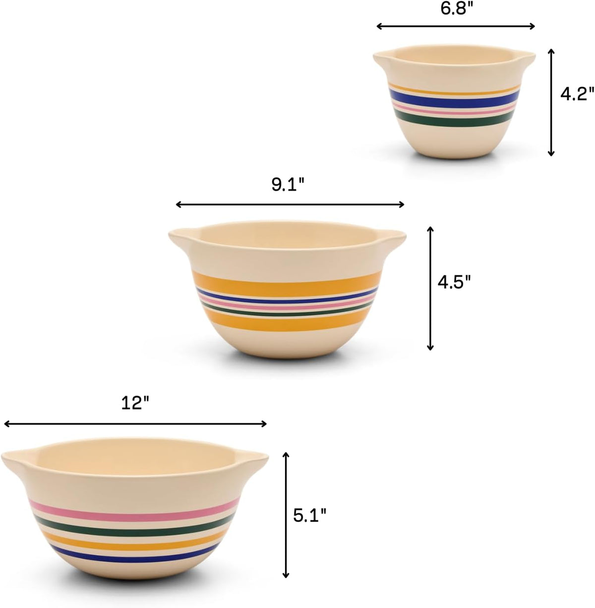 Great Jones Stir Crazy 3-Piece Stackable Ceramic Mixing Bowl Set (6.8', 9.1', 12') | Dishwasher, Freezer & Microwave Safe | Perfect for Baking, Serving & Mixing | Nestable for Easy Storage (Striped)