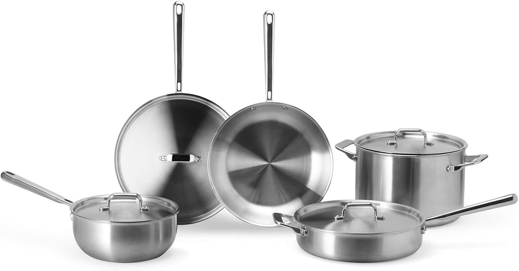 Misen 5-Ply Stainless Steel Cookware Set - Versatile, Dishwasher Safe - 9-Piece Set - 10' Skillet, 12' Skillet + Lid, 3 QT Saute Pan + Lid, 3 QT Saucier + Lid, 8 QT Stockpot + Lid