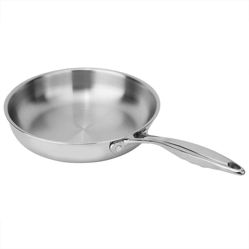 Non-Ctick Wok Saucepan Uncoated 304/403 Stainless Steel Aluminum Three Layer Flat Frying Pan 24cm with Pot Cover Kitchen Cooking Tool(