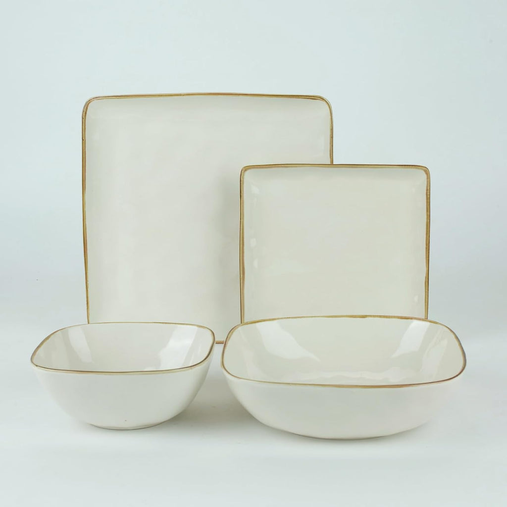 Famiware Ocean Square Plates and Bowls Sets for Kitchen, 16-Piece Dinnerware Sets for 4, Microwave and Dishwasher Safe, Vanilla White