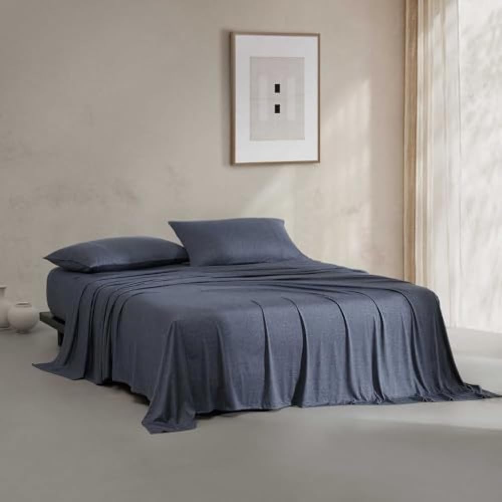 Calvin Klein - Queen Size Sheets Set, Naturally Soft Cotton-Blend Melange Jersey Bedding - Bed Sheets with Matching Pillowcases & Fitted Sheet (Modern Cotton Dark Blue)