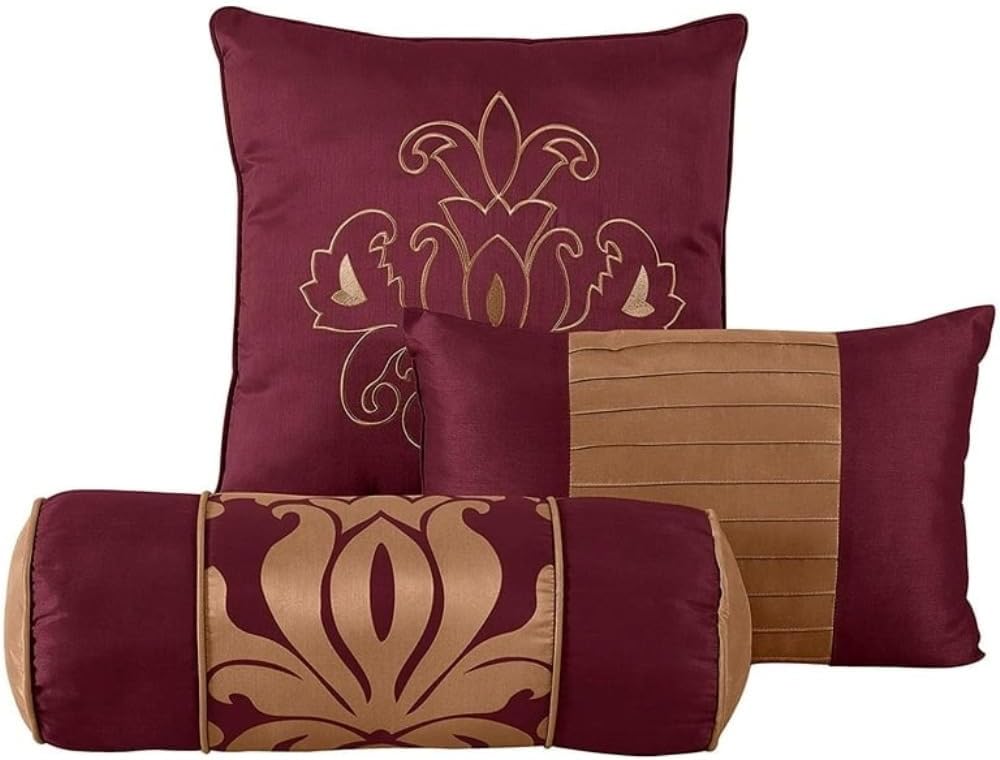 TRP 7 Piece Bed in Bag Luxury Royal Floral Comforter Set King Size | Pretty Maroon/Gold Color Aesthetic Bedding All Seasons Rich Vibrant Look Soft Plush Cozy Feel