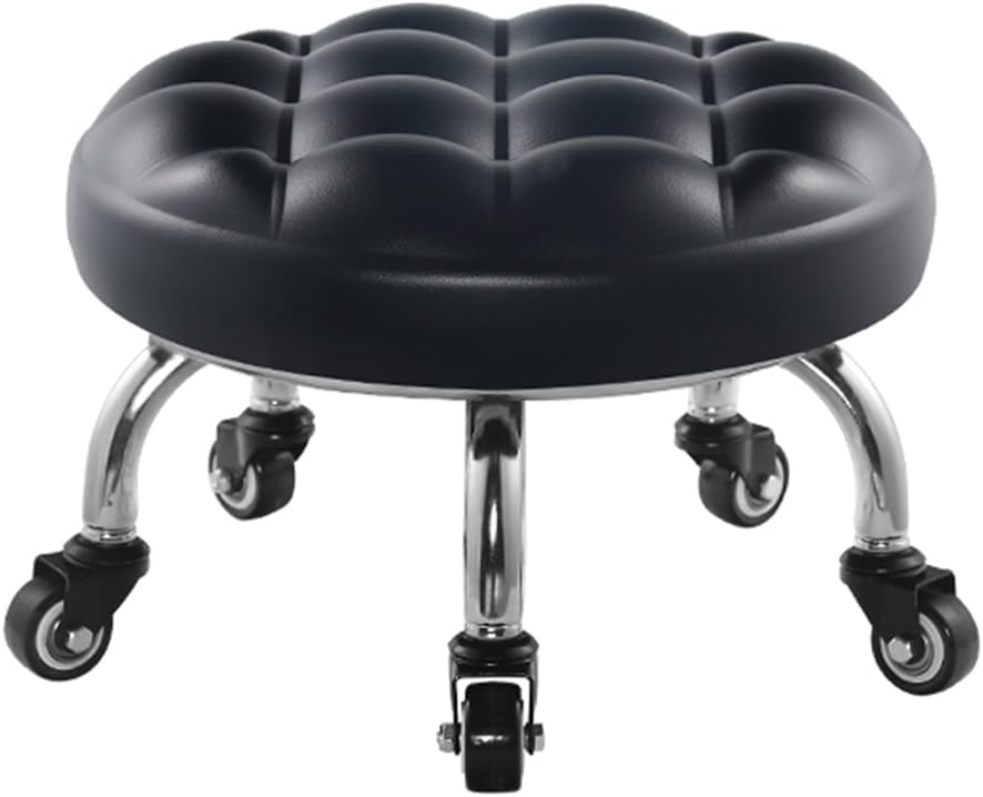 Heavy-Duty Low Roller Stool with 360° Swivel Wheels, Ottoman Footstool, Low-Height Short Rolling Stool Seat, PU Leather Small Mechanic Chair, Rolling Stools for Garage, Shop, Library Black