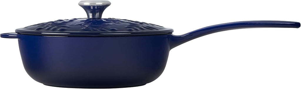 Le Creuset Olive Branch Collection Enameled Cast Iron Saucier, 2.25 qt., Indigo with Embossed Lid