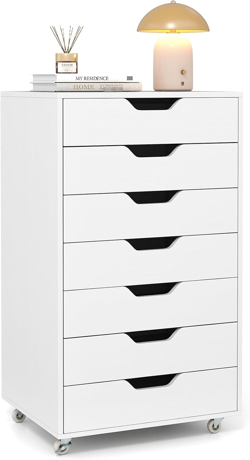 Giantex Drawers Cabinet Mobile Lateral Filing Organizer with 7 Drawers and Wheels Mobile Side Cabinet Chest for Home Office Storage Use 7-Drawer Dresser (19' x 16' x 34.5', White)