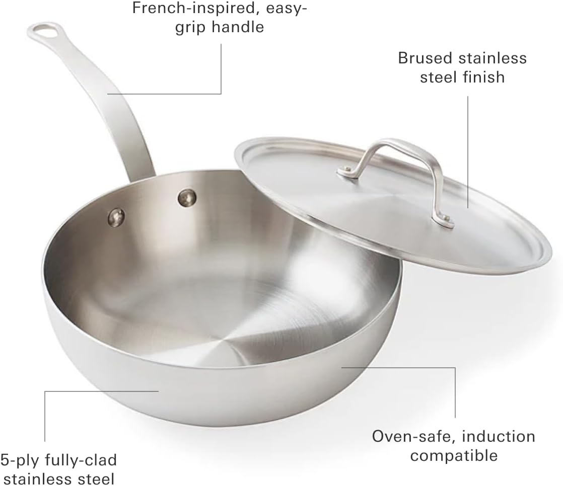 Daniel Boulud Kitchen 3QT Essential Pan – French Inspired Stainless Steel Sautee & Sauce Pan with Heat Resistant Handle, 5-Ply Clad, Induction & Oven Safe, Professional Cookware