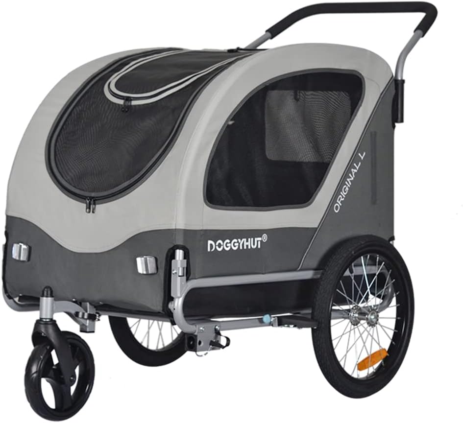 Doggyhut Original Large Pet Bike Trailer & Stroller 2-in-1,for Dogs up to 78 lbs,Parking Brakes,Easy Folding Cart Frame, Quick Release Wheel, Universal Bicycle Coupler (Gray)